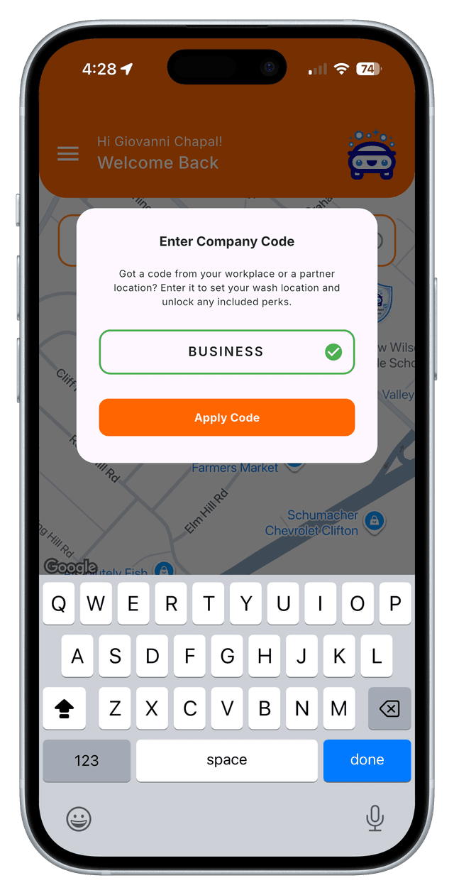 QuickWash app with company code