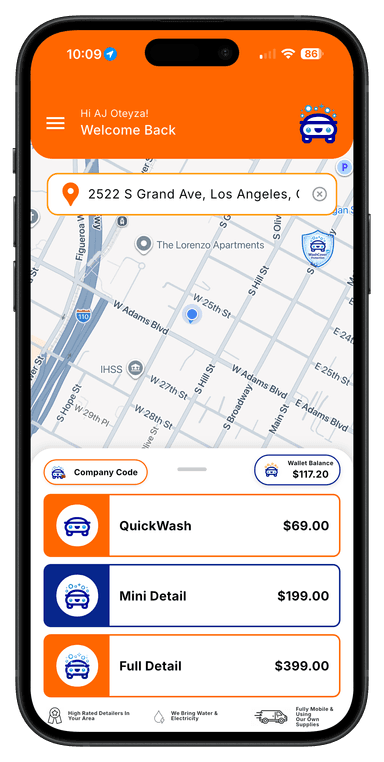 QuickWash app on phone